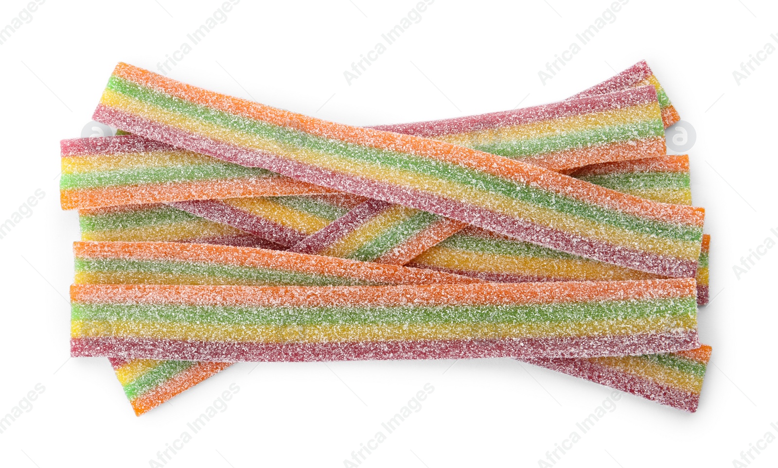 Photo of Pile of delicious jelly candies on white background, top view