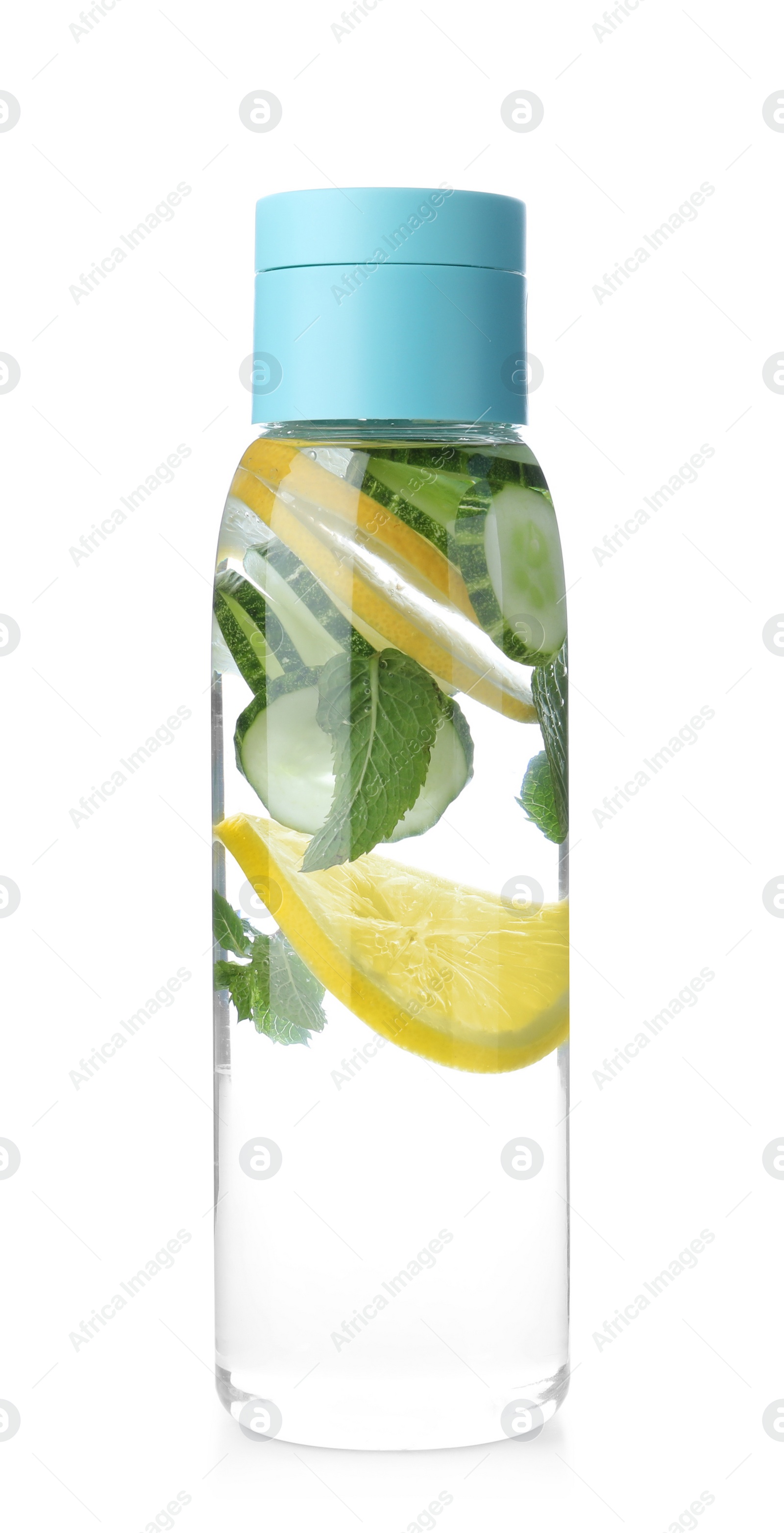 Photo of Bottle of refreshing water with cucumber, lemon and mint isolated on white