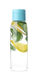 Photo of Bottle of refreshing water with cucumber, lemon and mint isolated on white