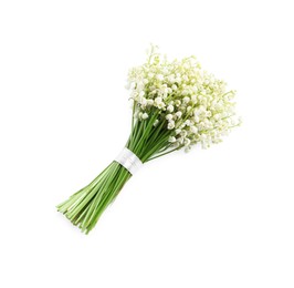 Beautiful lily of the valley bouquet on white background, top view