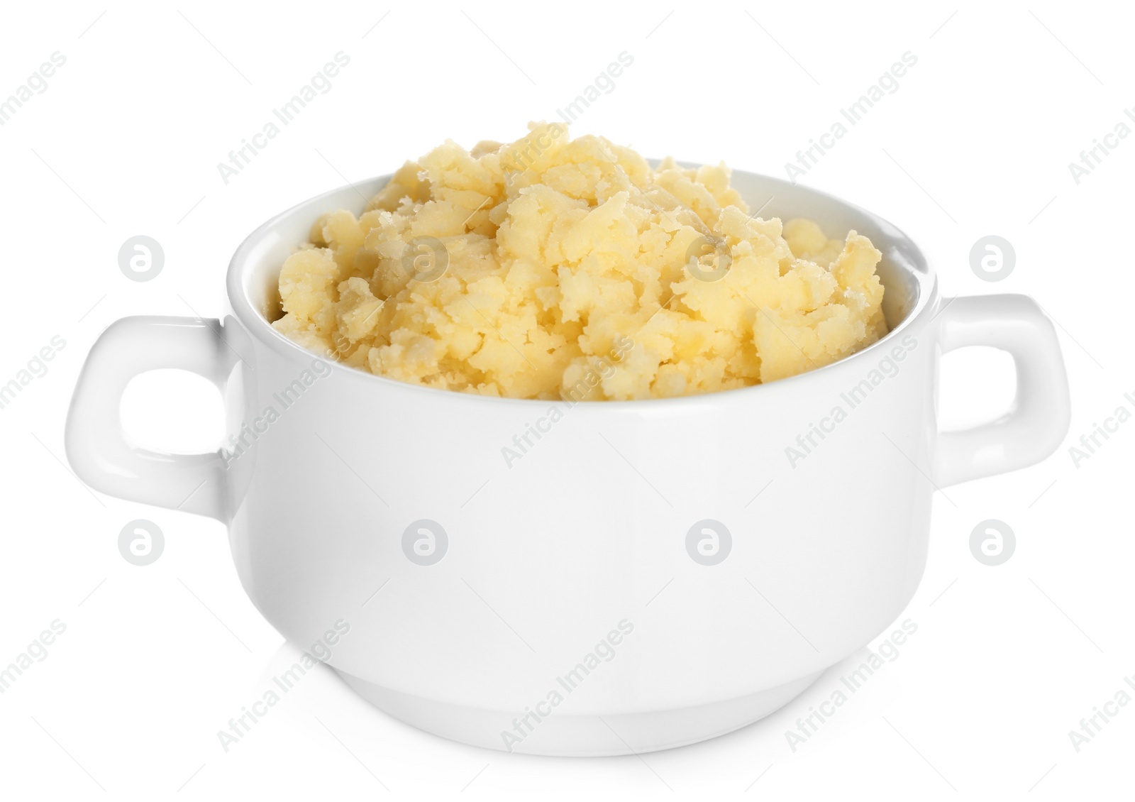 Photo of Bowl with mashed potatoes on white background