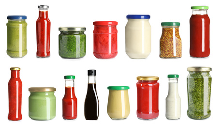 Image of Set with delicious sauces in glassware on white background. Banner design