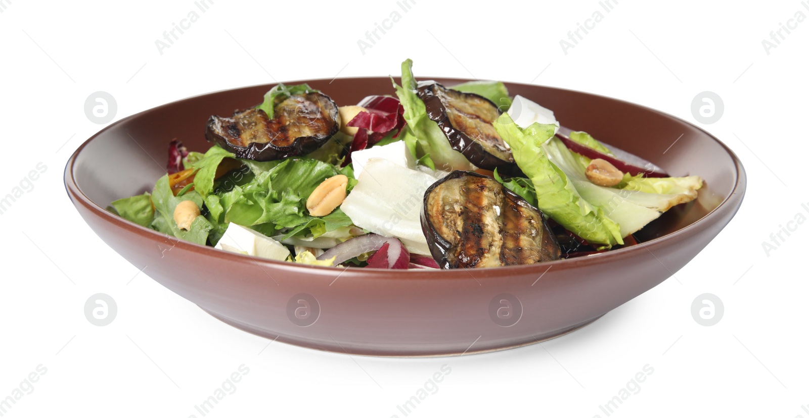 Photo of Delicious salad with roasted eggplant, feta cheese and arugula isolated on white