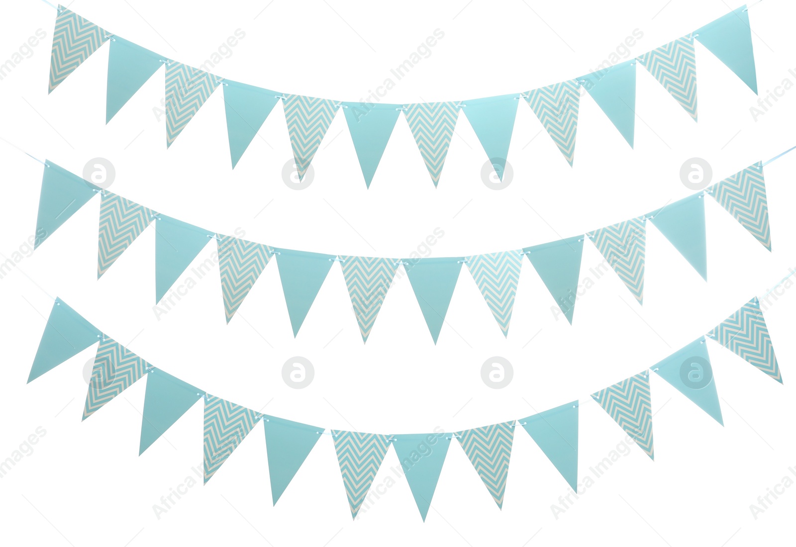 Photo of Rows of triangular bunting flags on white background. Festive decor