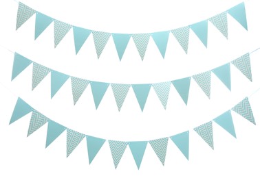 Rows of triangular bunting flags on white background. Festive decor
