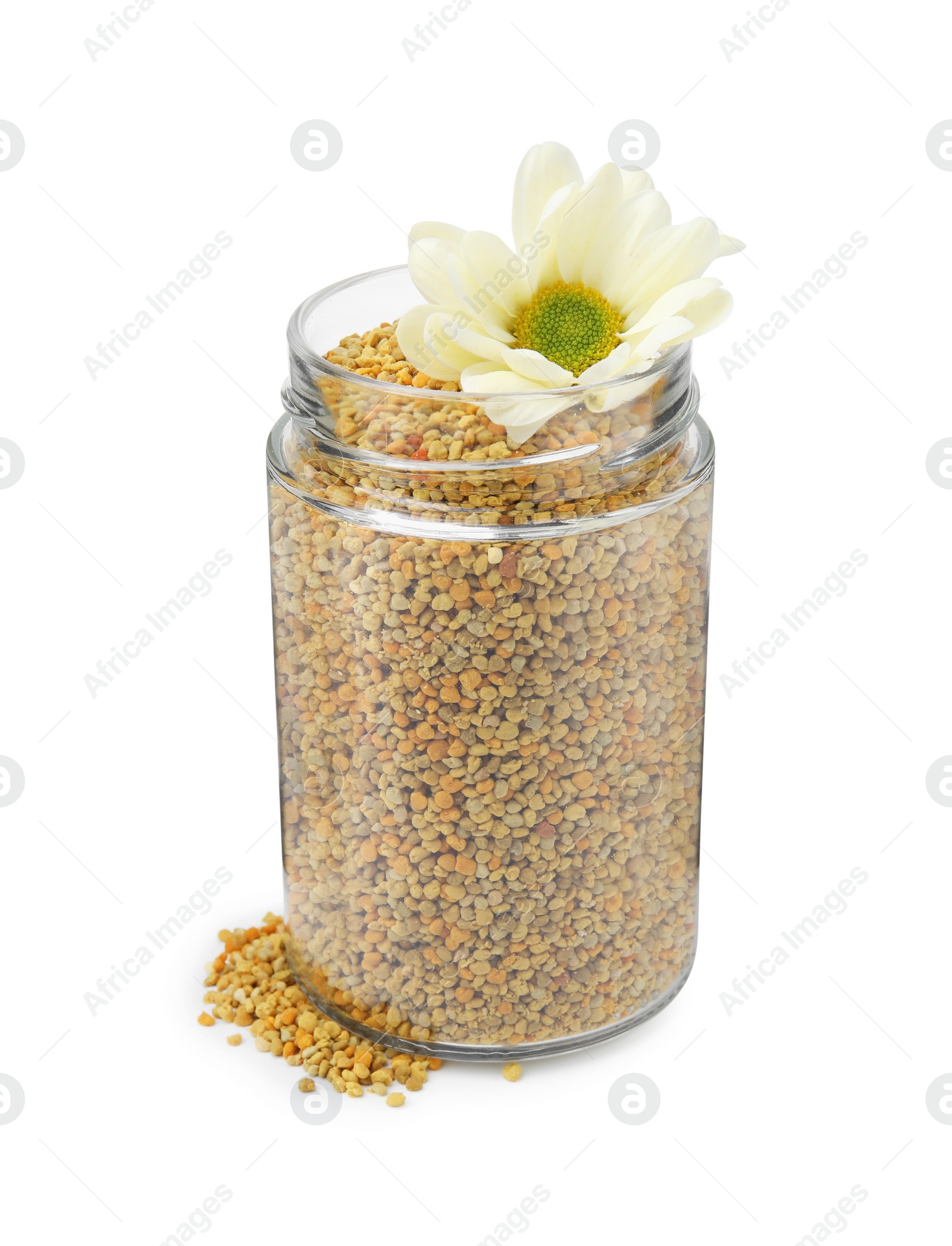 Photo of Fresh bee pollen granules in jar and flower isolated on white