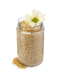 Photo of Fresh bee pollen granules in jar and flower isolated on white