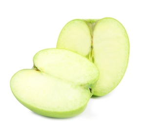 Photo of Halves of fresh green apple on white background