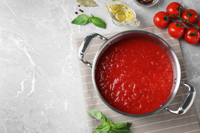 Photo of Delicious tomato sauce on light grey table, flat lay. Space for text