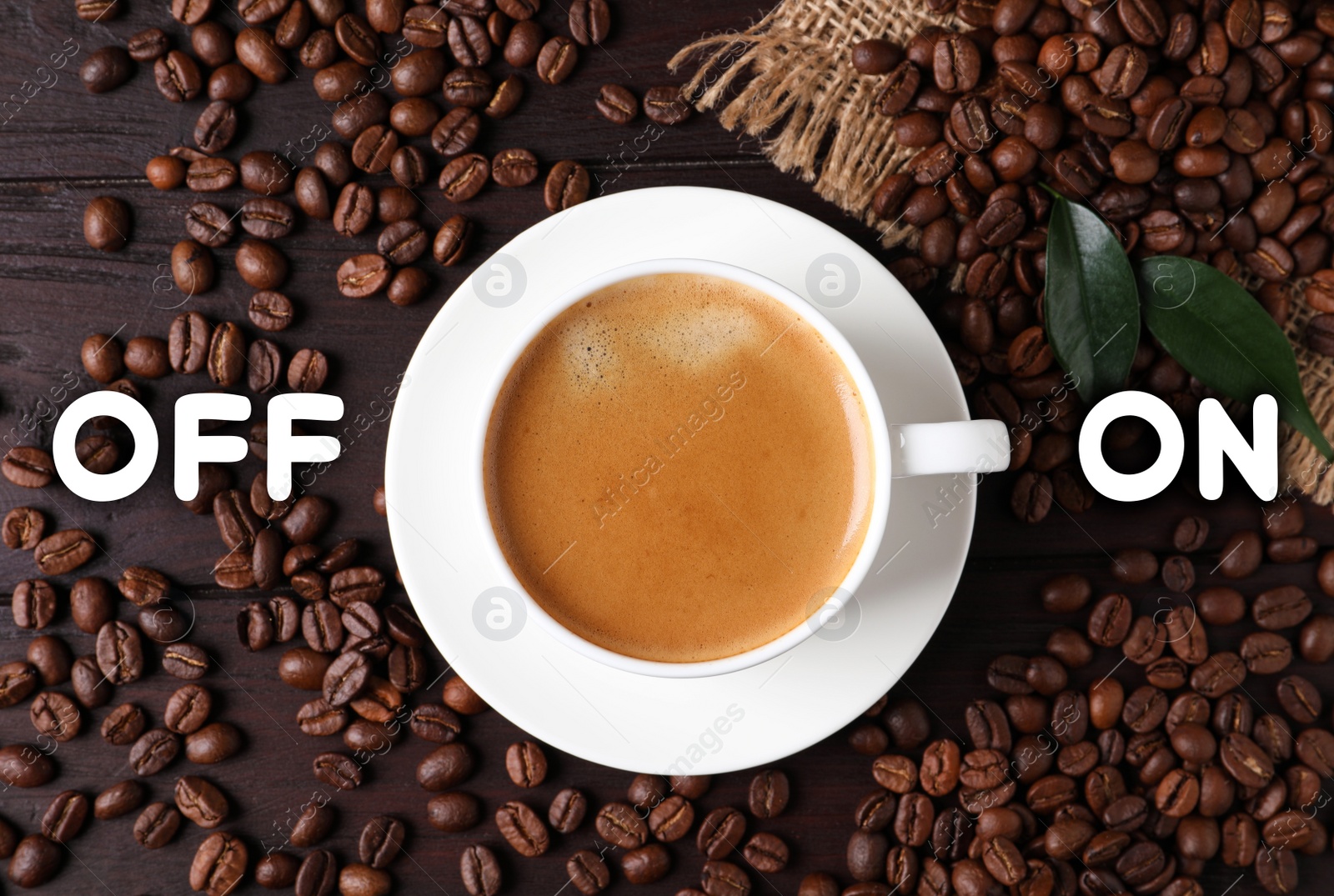 Image of Coffee break. Cup of aromatic hot drink and beans on wooden table, flat lay