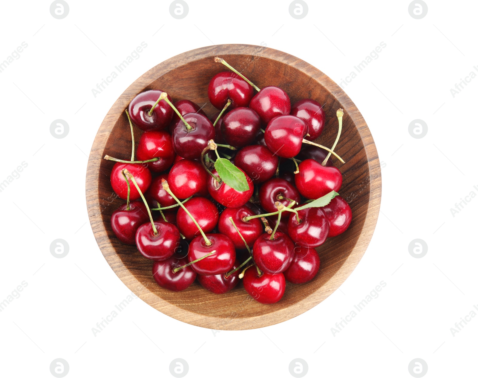 Photo of Wooden bowl with ripe sweet cherries on white background, top view