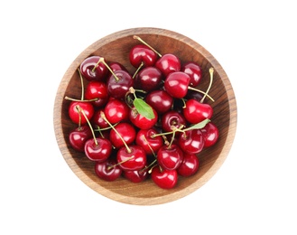 Wooden bowl with ripe sweet cherries on white background, top view