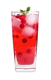 Tasty cranberry juice with ice cubes and mint in glass isolated on white