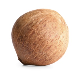 Photo of Ripe whole brown coconut on white background