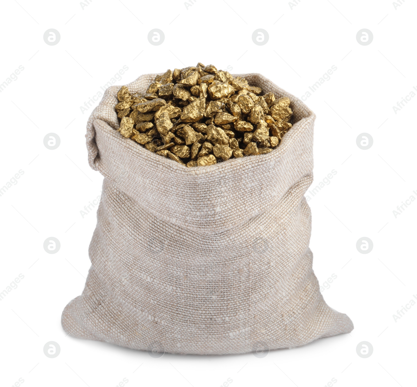 Photo of Sack of gold nuggets on white background