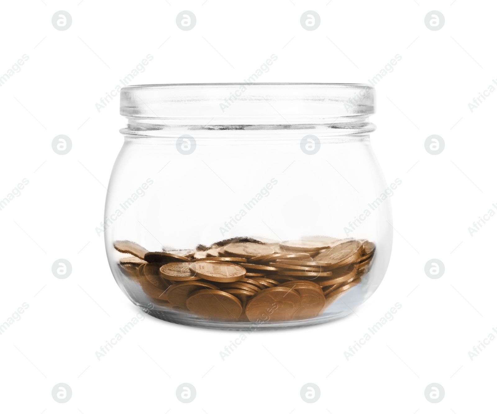 Photo of Glass jar with coins isolated on white