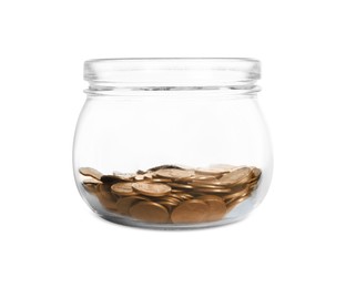 Photo of Glass jar with coins isolated on white