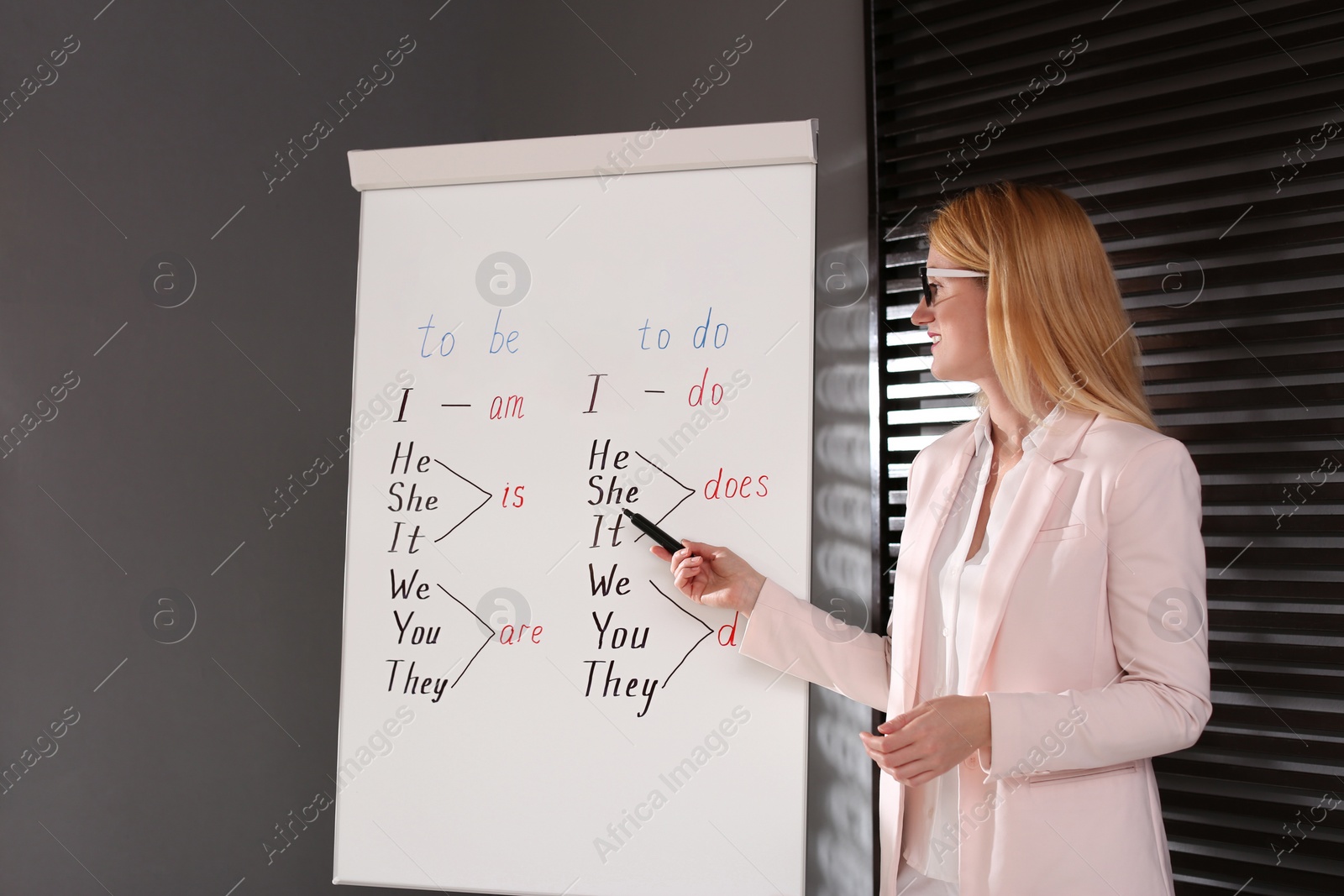 Photo of English teacher near whiteboard in class at lesson