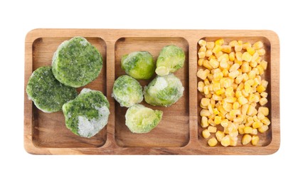 Wooden tray with different frozen vegetables isolated on white, top view