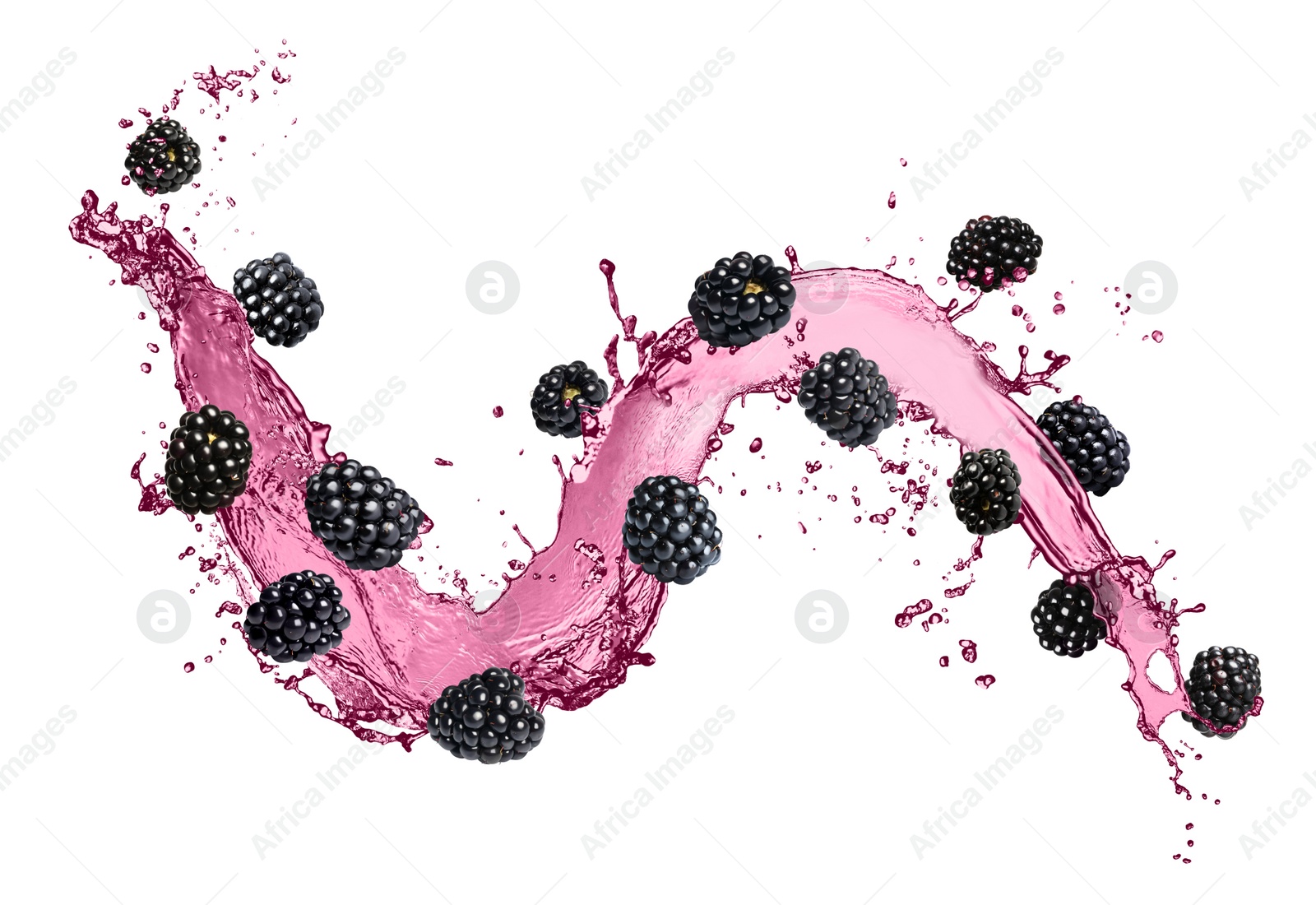 Image of Fresh blackberries and juice in air on white background