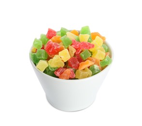 Photo of Mix of delicious candied fruits in bowl isolated on white