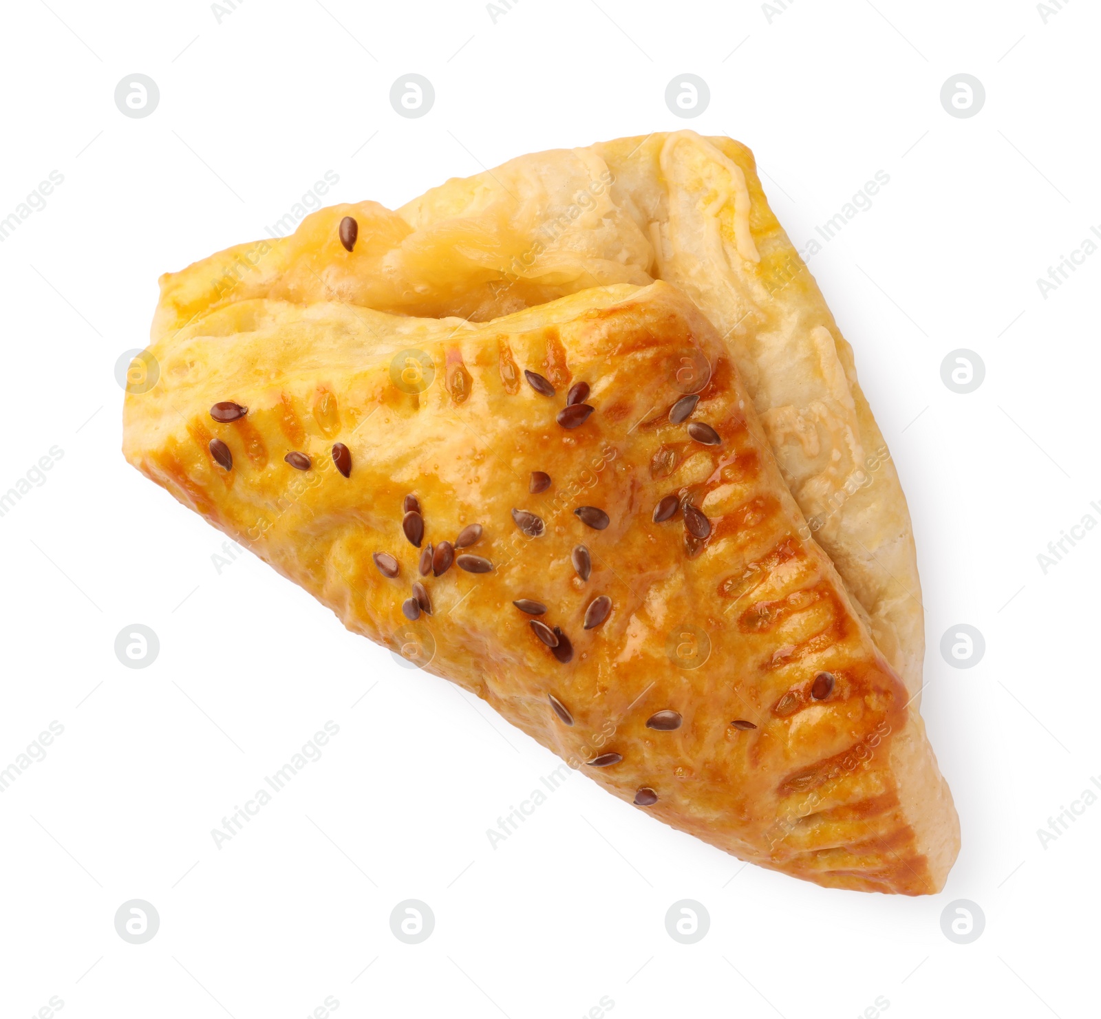 Photo of Fresh delicious puff pastry with cheese on white background, top view