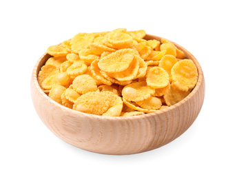 Bowl of tasty corn flakes on white background