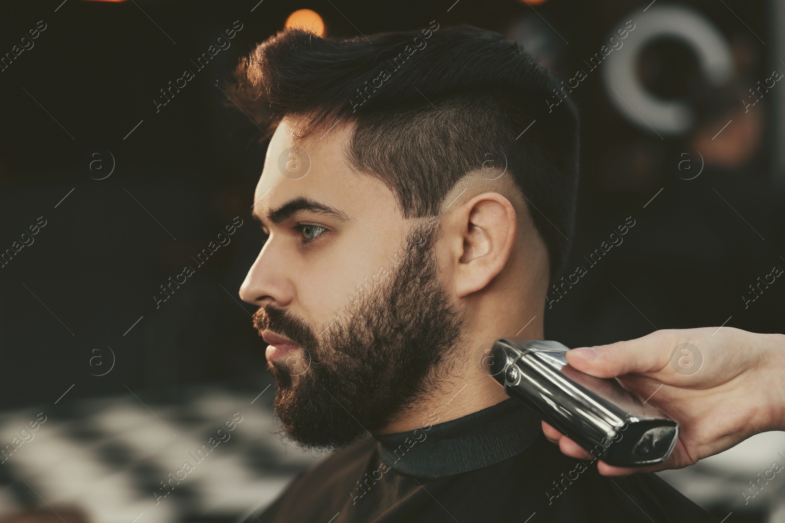 Image of Professional hairdresser working with bearded client in barbershop