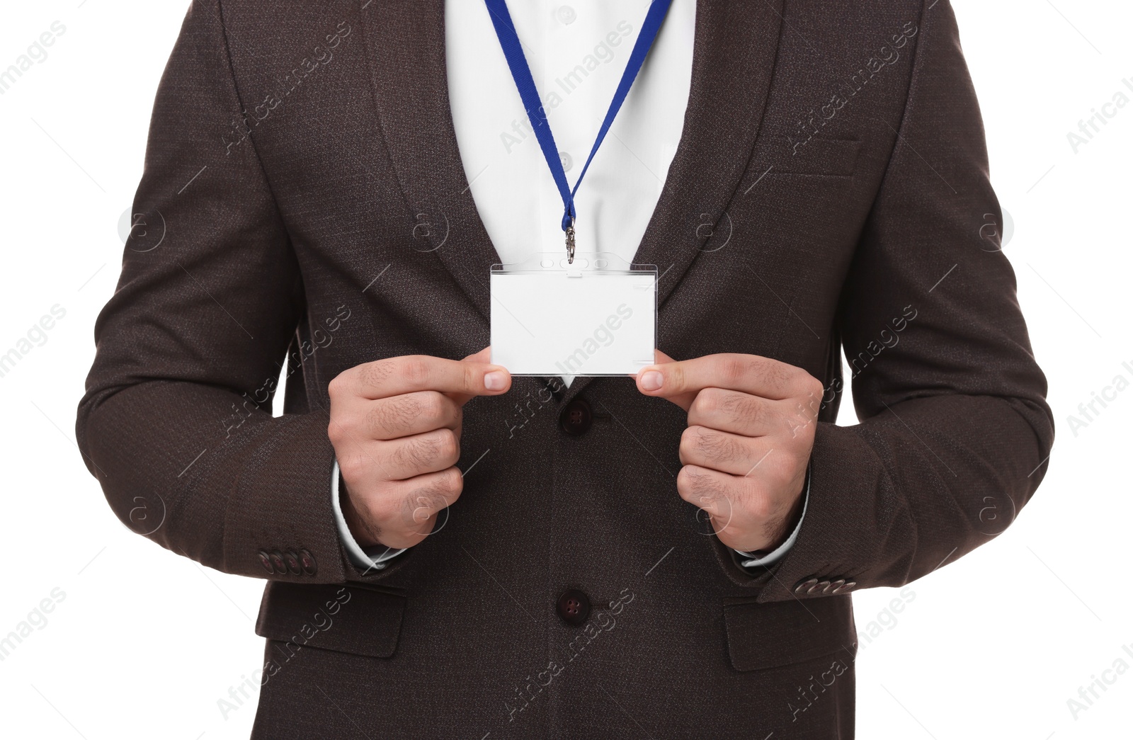 Photo of Man with blank badge isolated on white, closeup