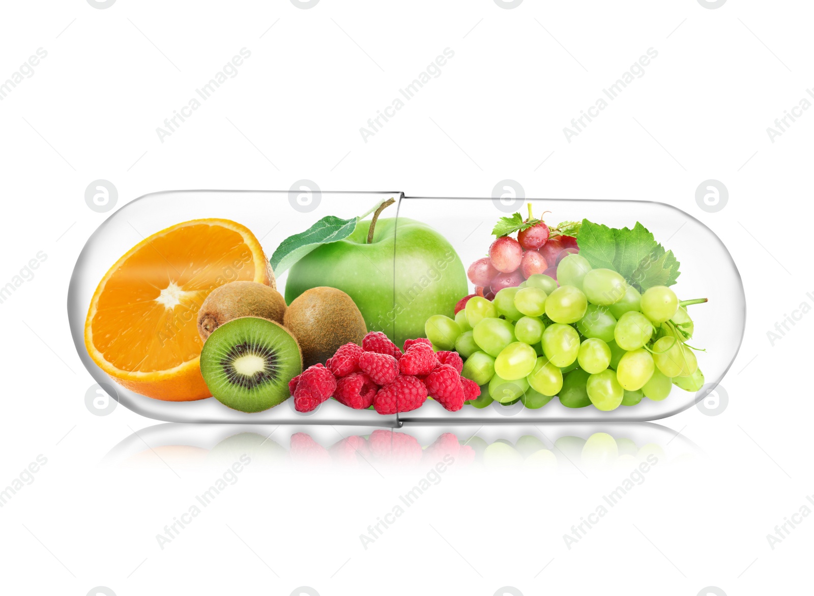 Image of Transparent capsule with different fruits and berries rich in vitamins on white background