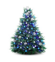 Photo of Beautiful Christmas tree decorated with ornaments and festive lights isolated on white