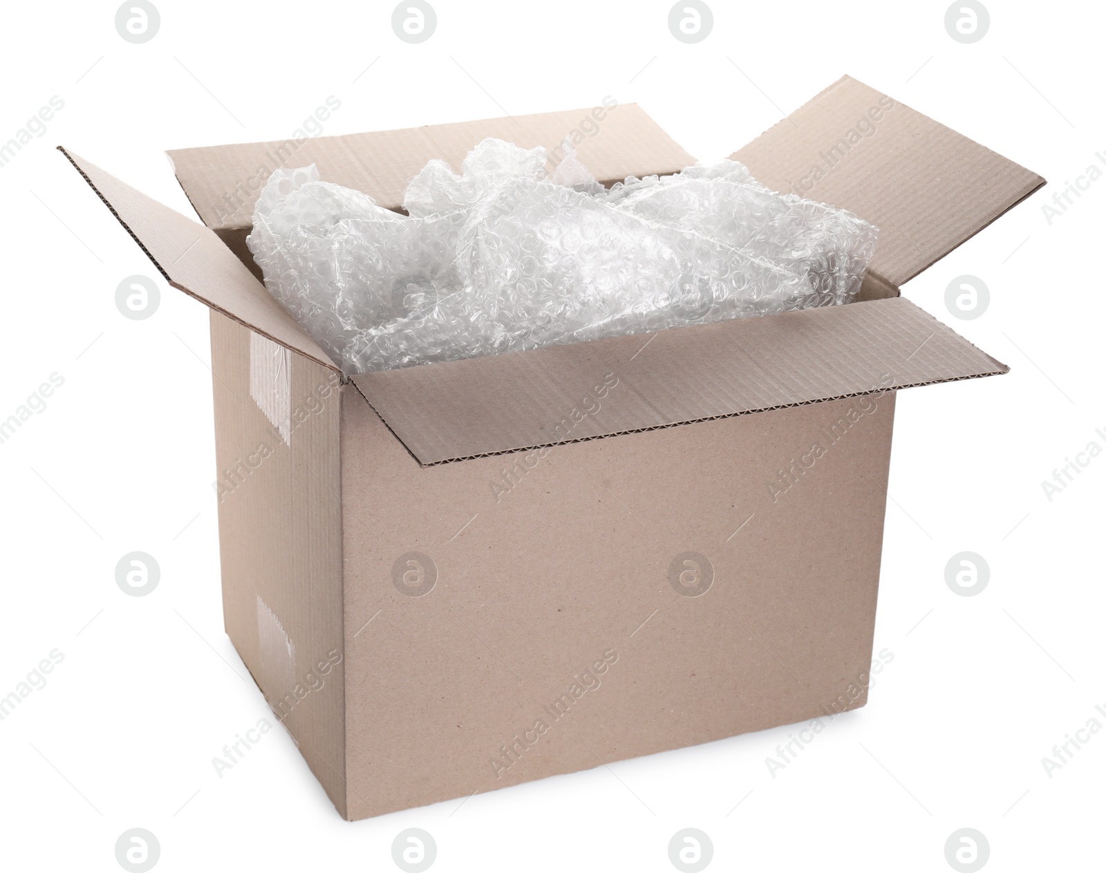 Photo of Transparent bubble wrap in cardboard box isolated on white