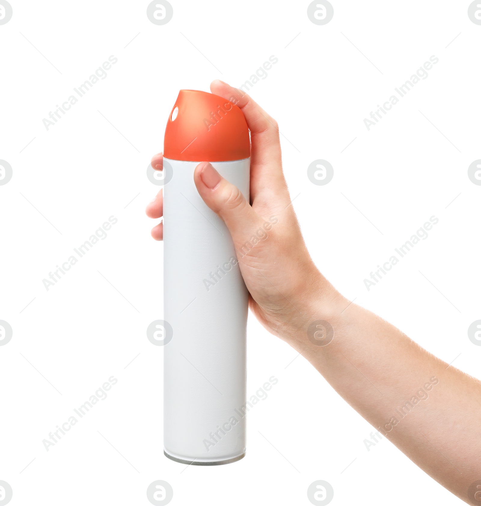 Photo of Woman holding spray air freshener on white background