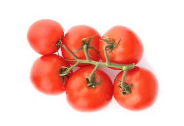 Photo of Branch of ripe red tomatoes on white background, top view