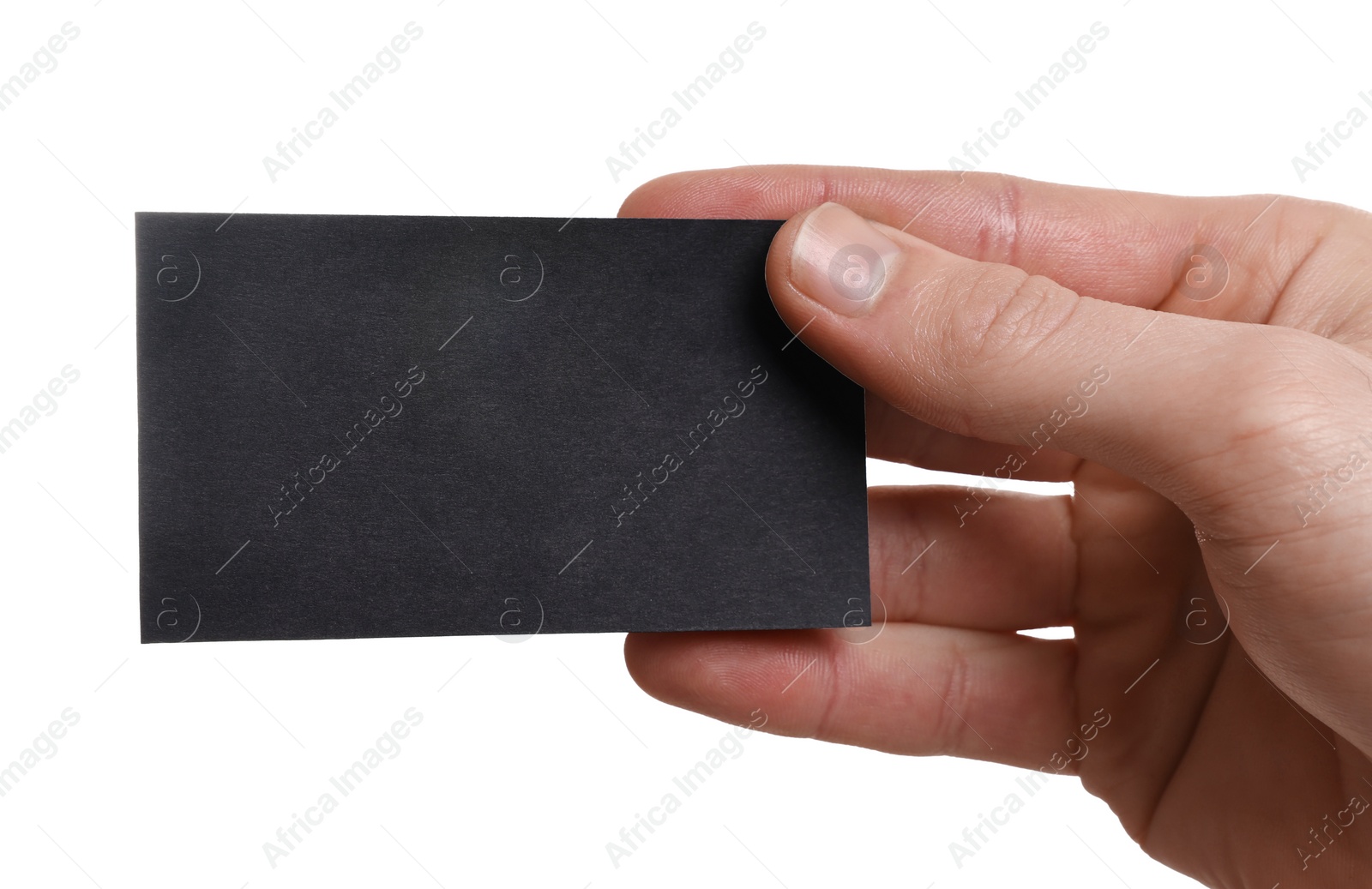 Photo of Man holding blank business card on white background, closeup