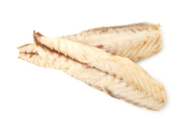 Photo of Canned mackerel fillets on white background, top view