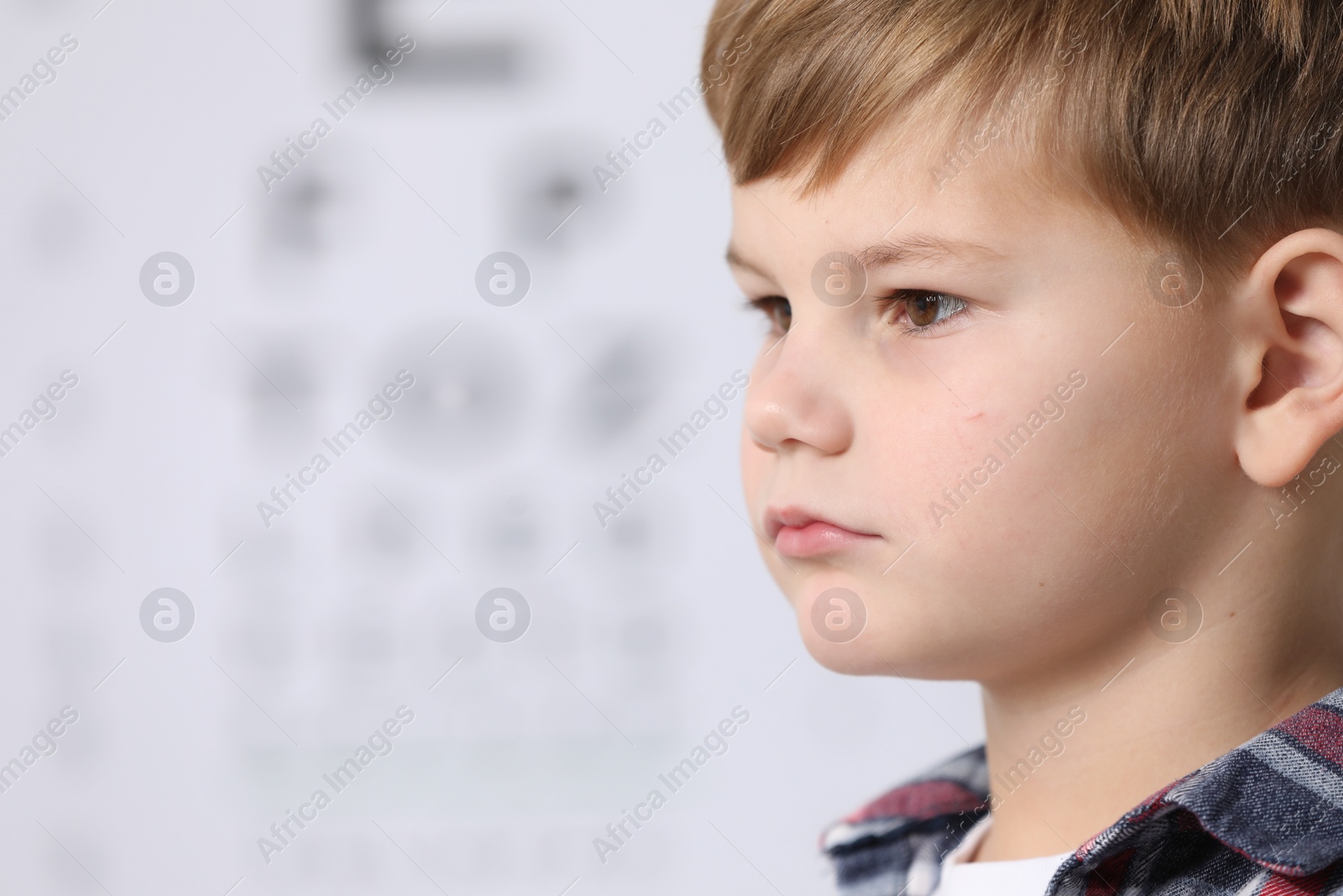 Photo of Portrait of cute little boy on blurred background