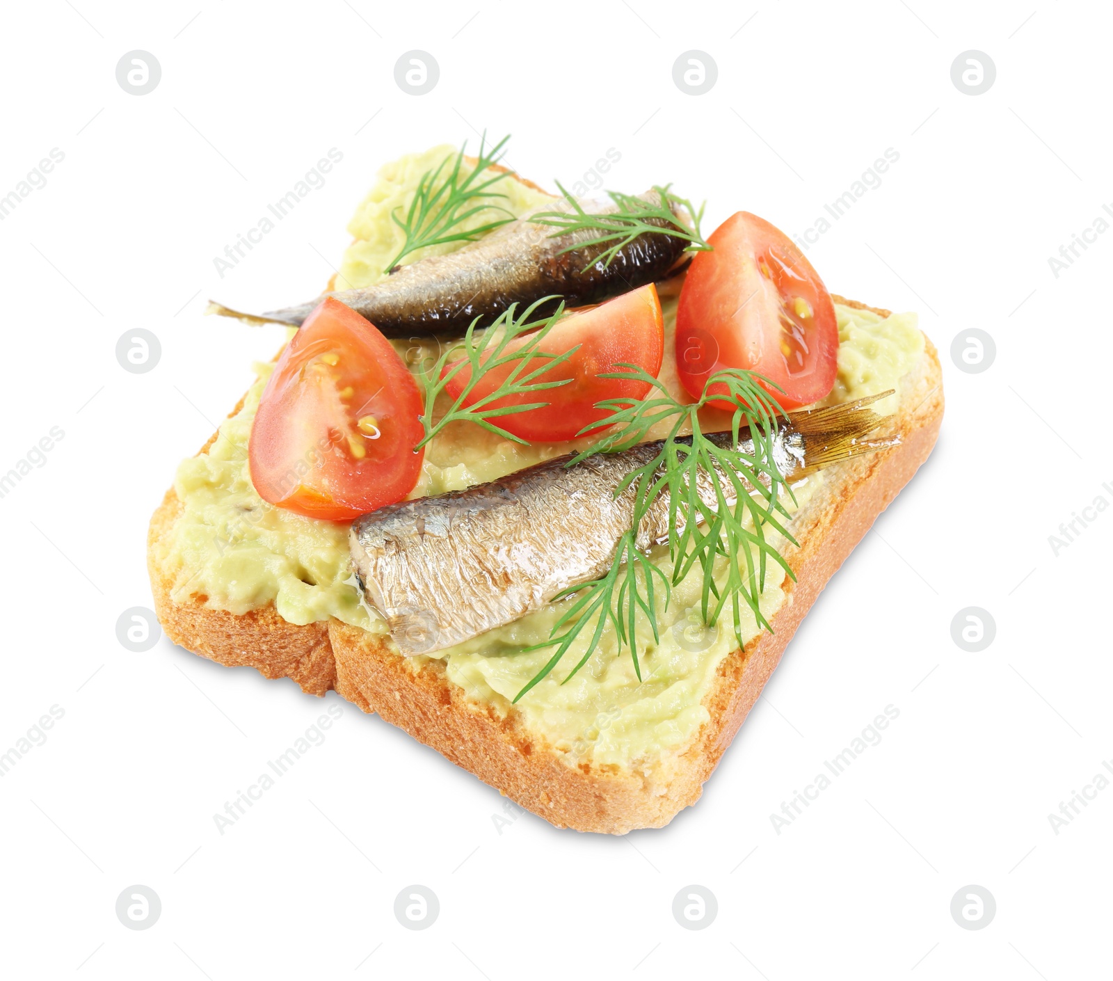 Delicious sandwich with sprats, tomatoes, dill and avocado puree isolated on white Photo of Delicious sandwich with sprats, tomatoes, dill and avocado puree isolated on white