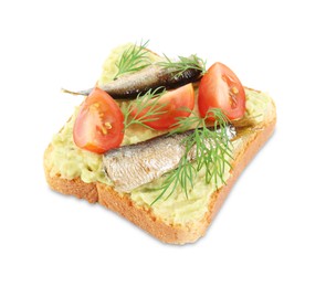 Photo of Delicious sandwich with sprats, tomatoes, dill and avocado puree isolated on white