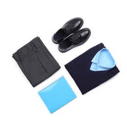 Stylish school uniform and notebook on white background, top view