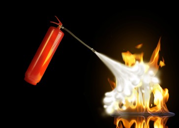 Image of Putting out flame with fire extinguisher on dark background