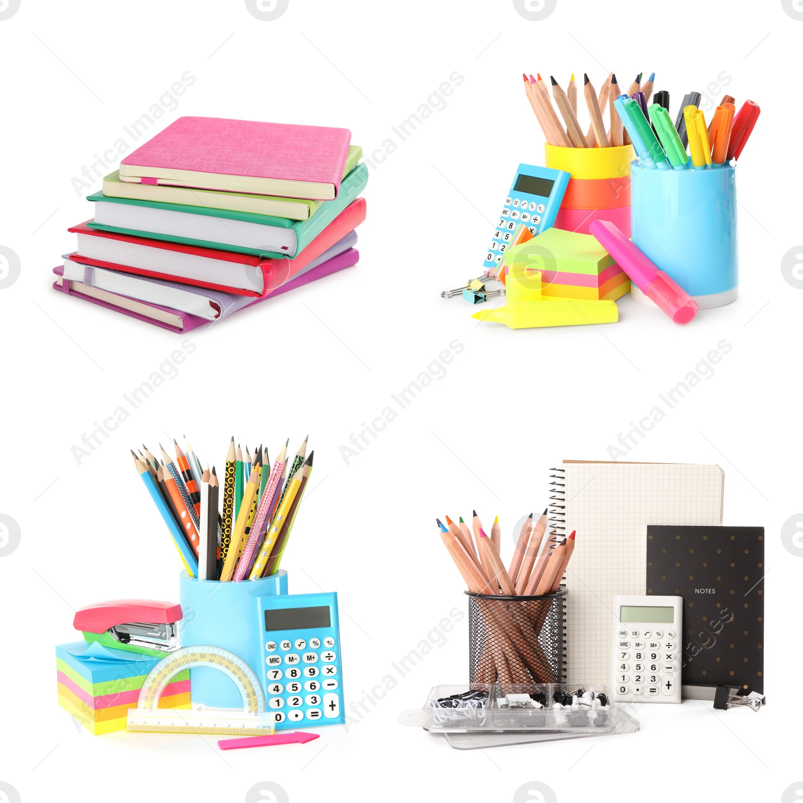 Image of Set of bright school stationery on white background