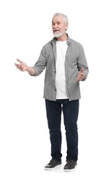 Photo of Senior man greeting someone on white background