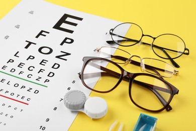 Vision test chart, glasses and lenses on yellow background, closeup