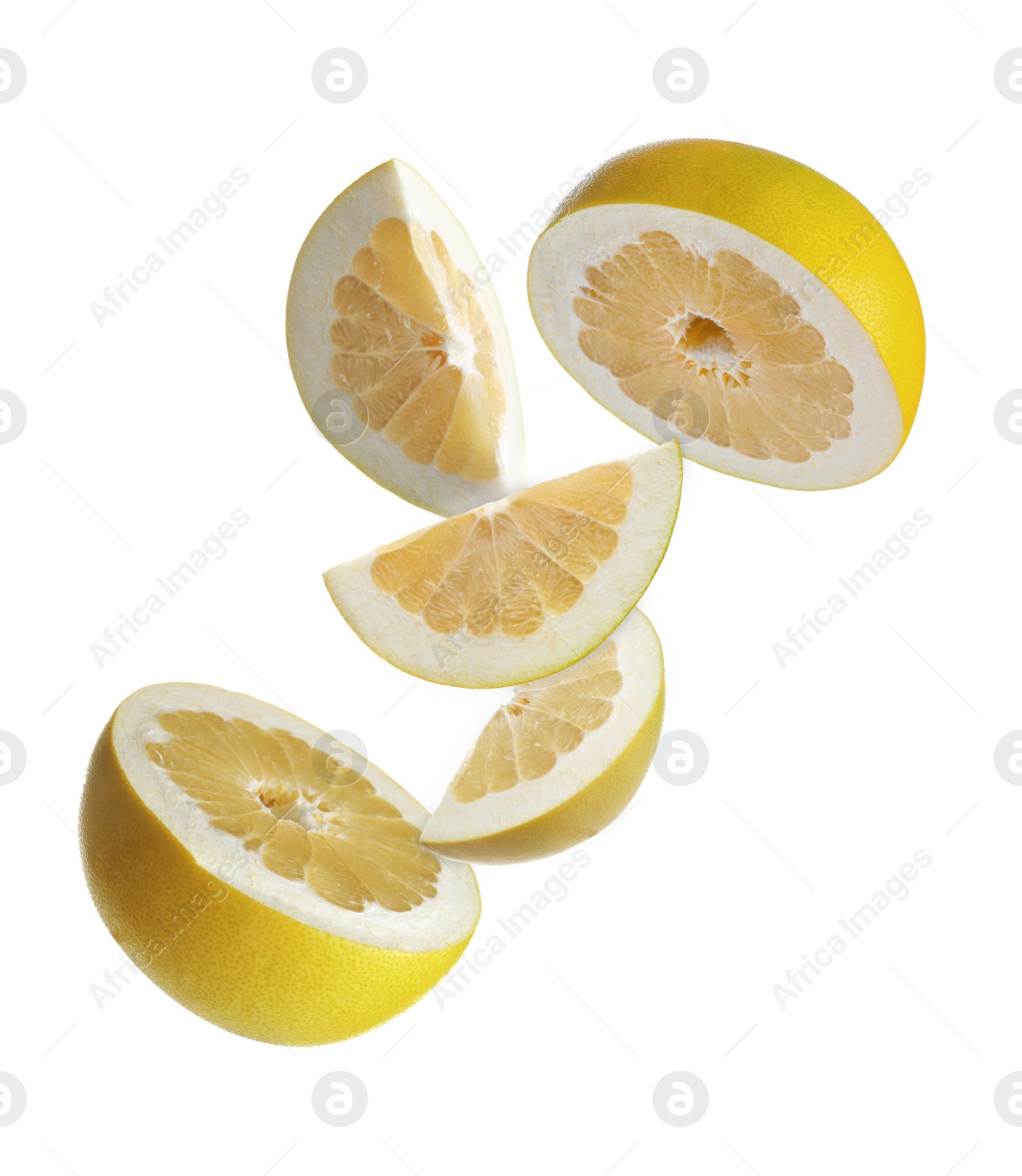 Image of Fresh pomelo fruit falling on white background