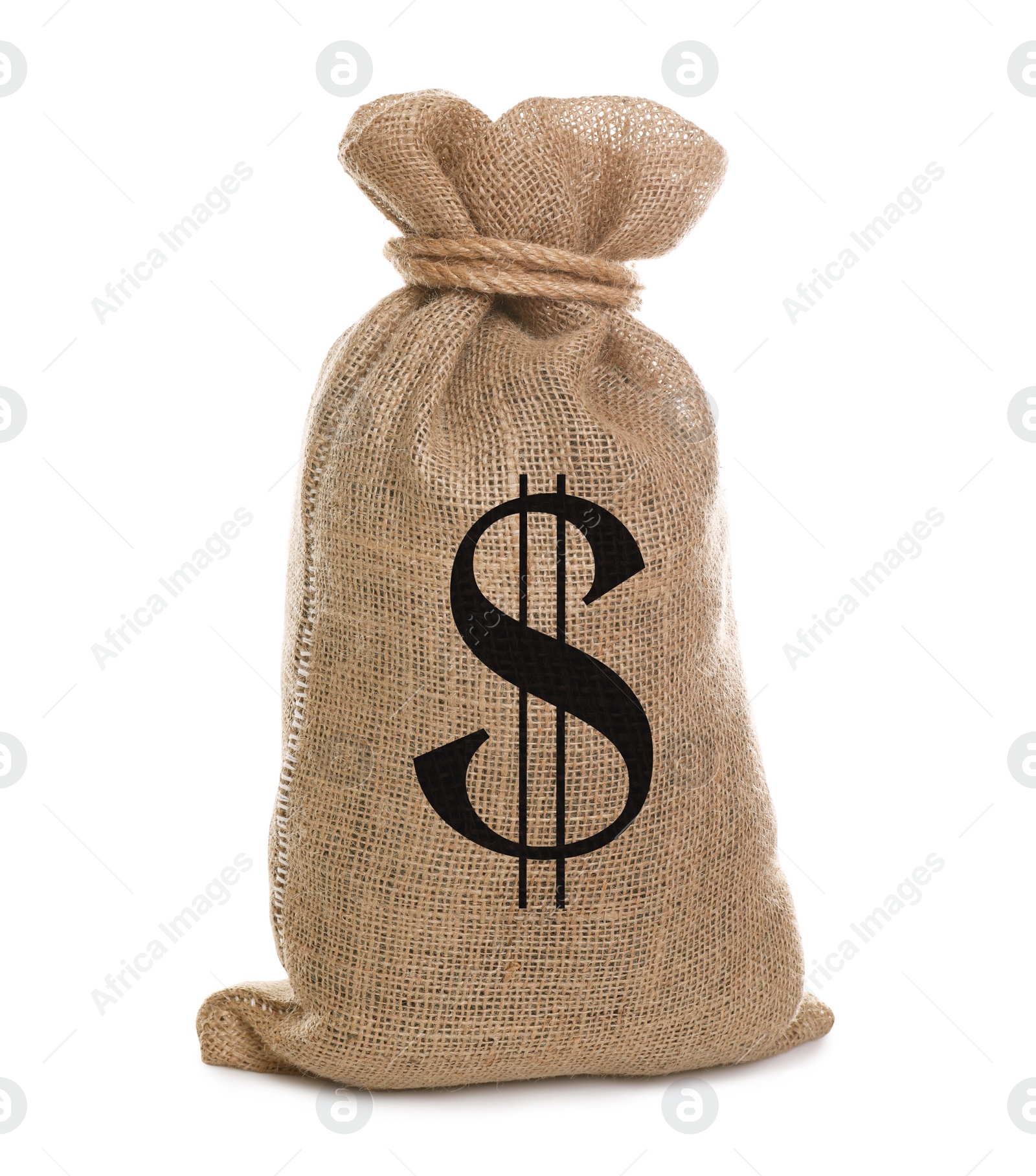 Image of Burlap bag with dollar sign on white background