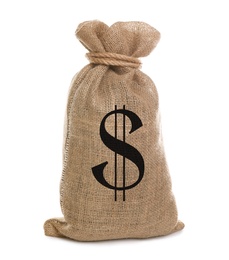 Image of Burlap bag with dollar sign on white background