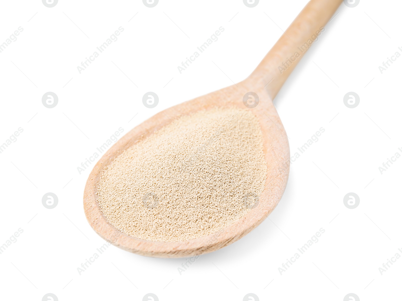 Photo of Wooden spoon with granulated yeast isolated on white