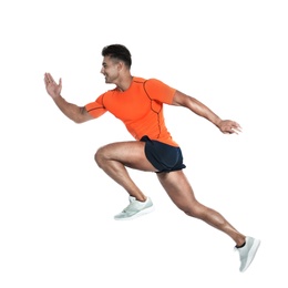 Photo of Handsome young man running on white background