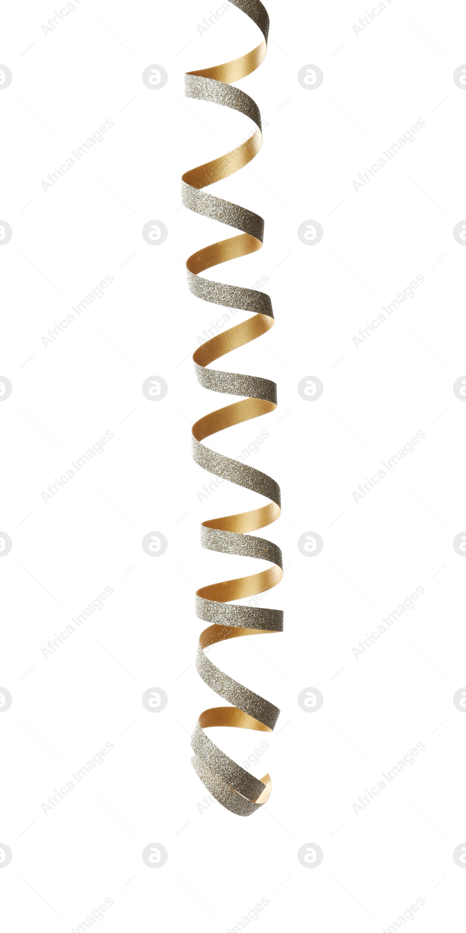 Photo of Beautiful shiny serpentine streamer on white background